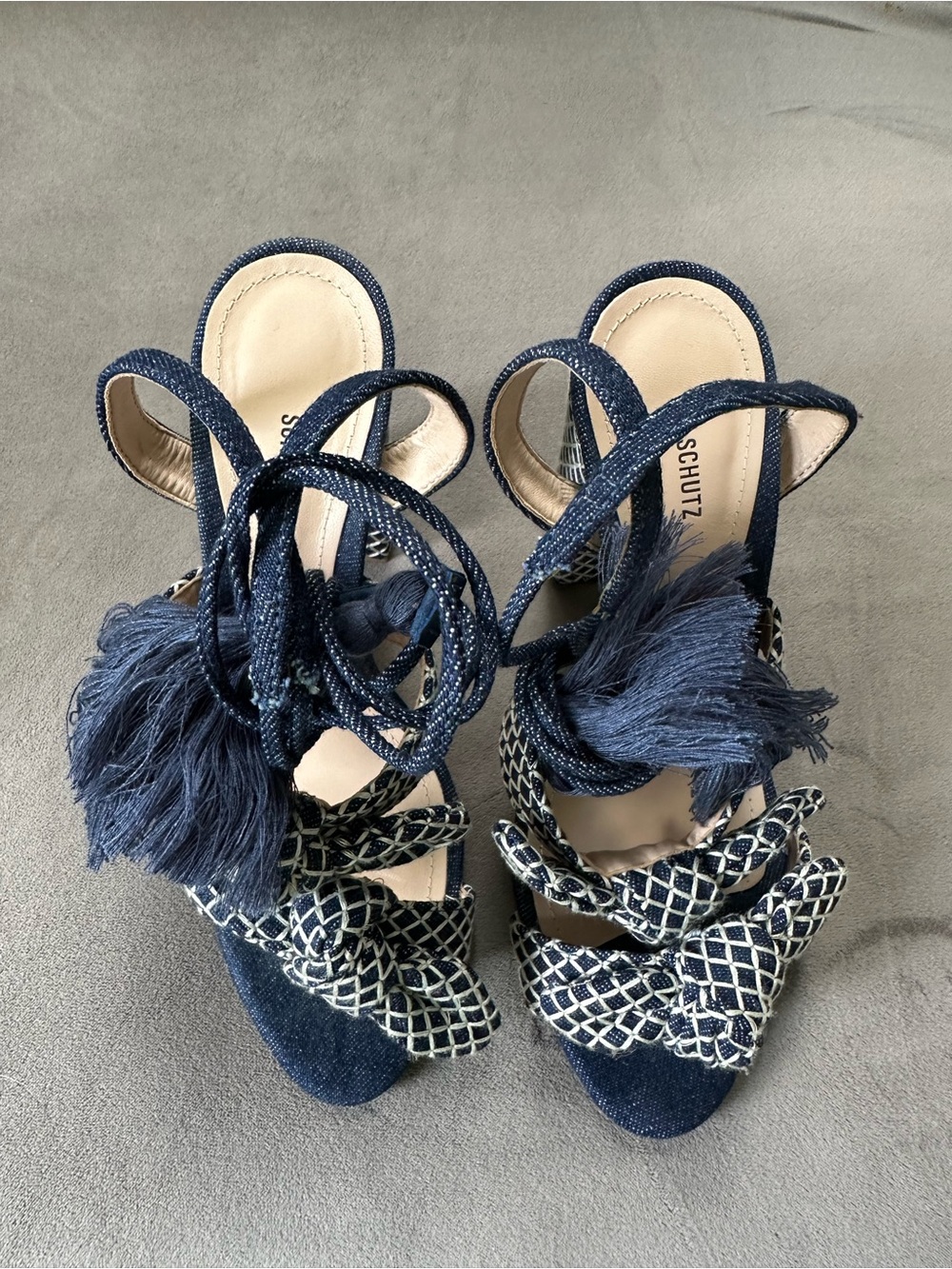 SCHUTZ Navy & Cream Tassel Block Heel Sandals - Picture 2 of 3